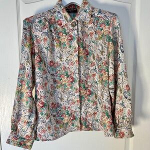 Size M 90's Floral Silk-Look Long Sleeve Blouse with Shoulder Pads